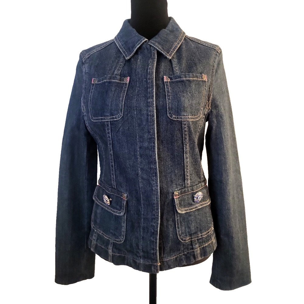 Luii Womens Blue Jewel Brooches Pockets Cropped Denim Jacket SM Artsy Festival